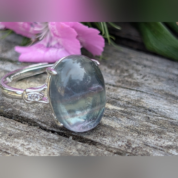 Gorgeous Rainbow Fluorite Gemstone Ring. Blue Ring Adjustable Size 8-10 - Picture 5 of 10